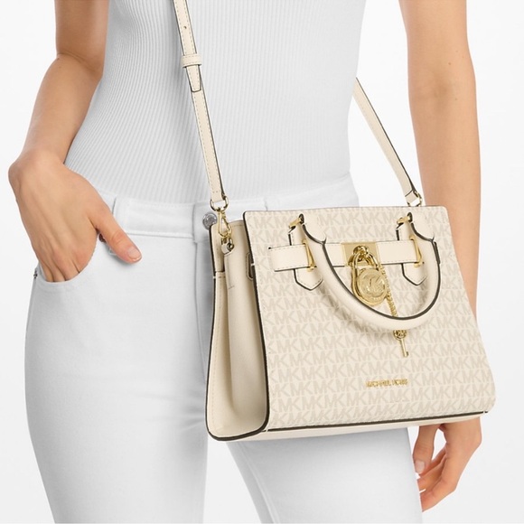 Michael Kors Hamilton Small Logo Satchel Bag Light Cream Multi - Picture 3 of 8